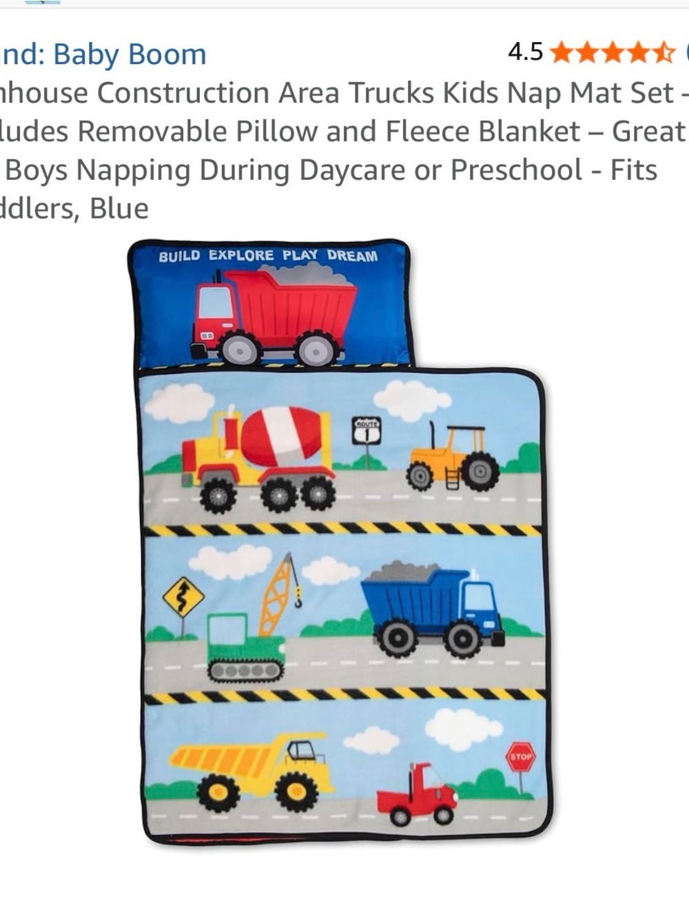 Blue Construction Trucks Kids Nap Mat with Pillow